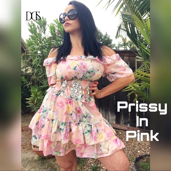 5 ⭐️Prissy In Pink-Multi Frill Floral Bardot Dress - Picture 2 of 7